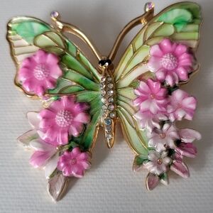 Beautiful Floral Butterfly Brooch with Pink and Green Accents